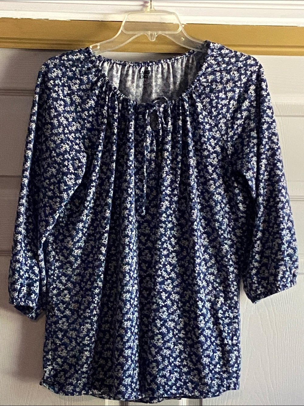 Lands End XL Floral Peasant Blouse - Drawstring Tie Neck